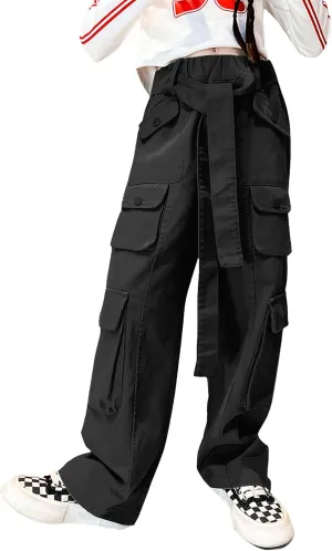 Rolanko Girls Cargo Pants Baggy Y2K Cargo Trousers Jeans Wide Leg Pants with Multi Pockets 4-15 Years