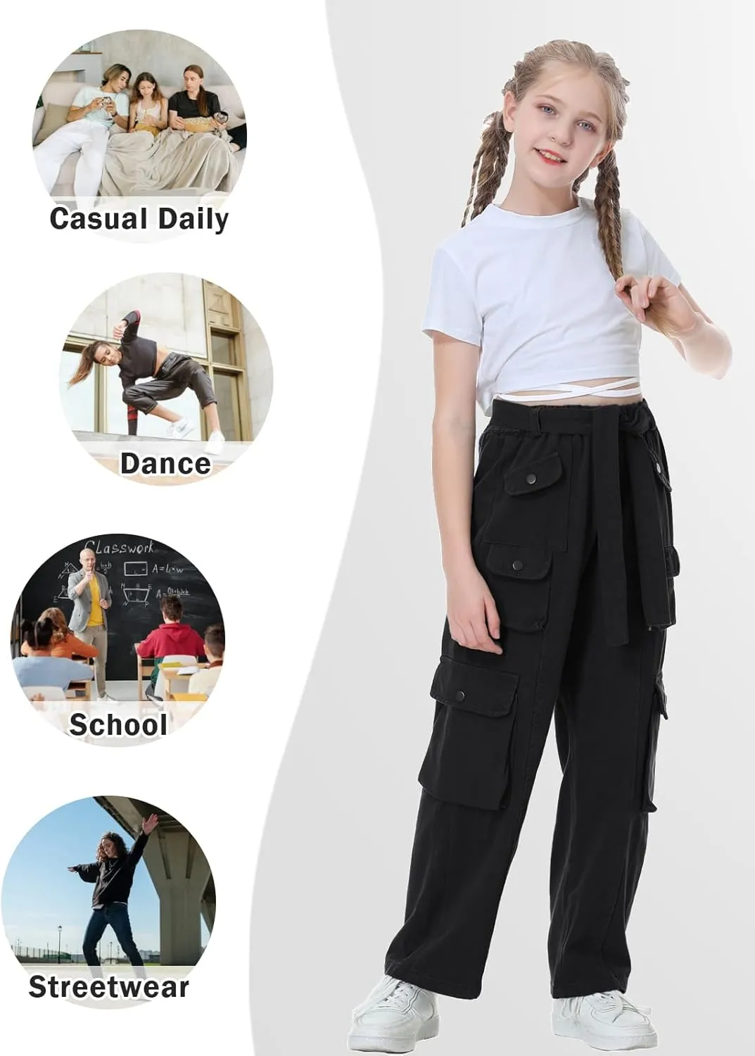 Rolanko Girls Cargo Pants Baggy Y2K Cargo Trousers Jeans Wide Leg Pants with Multi Pockets 4-15 Years