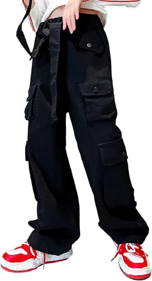 Rolanko Girls Cargo Pants Baggy Y2K Cargo Trousers Jeans Wide Leg Pants with Multi Pockets 4-15 Years