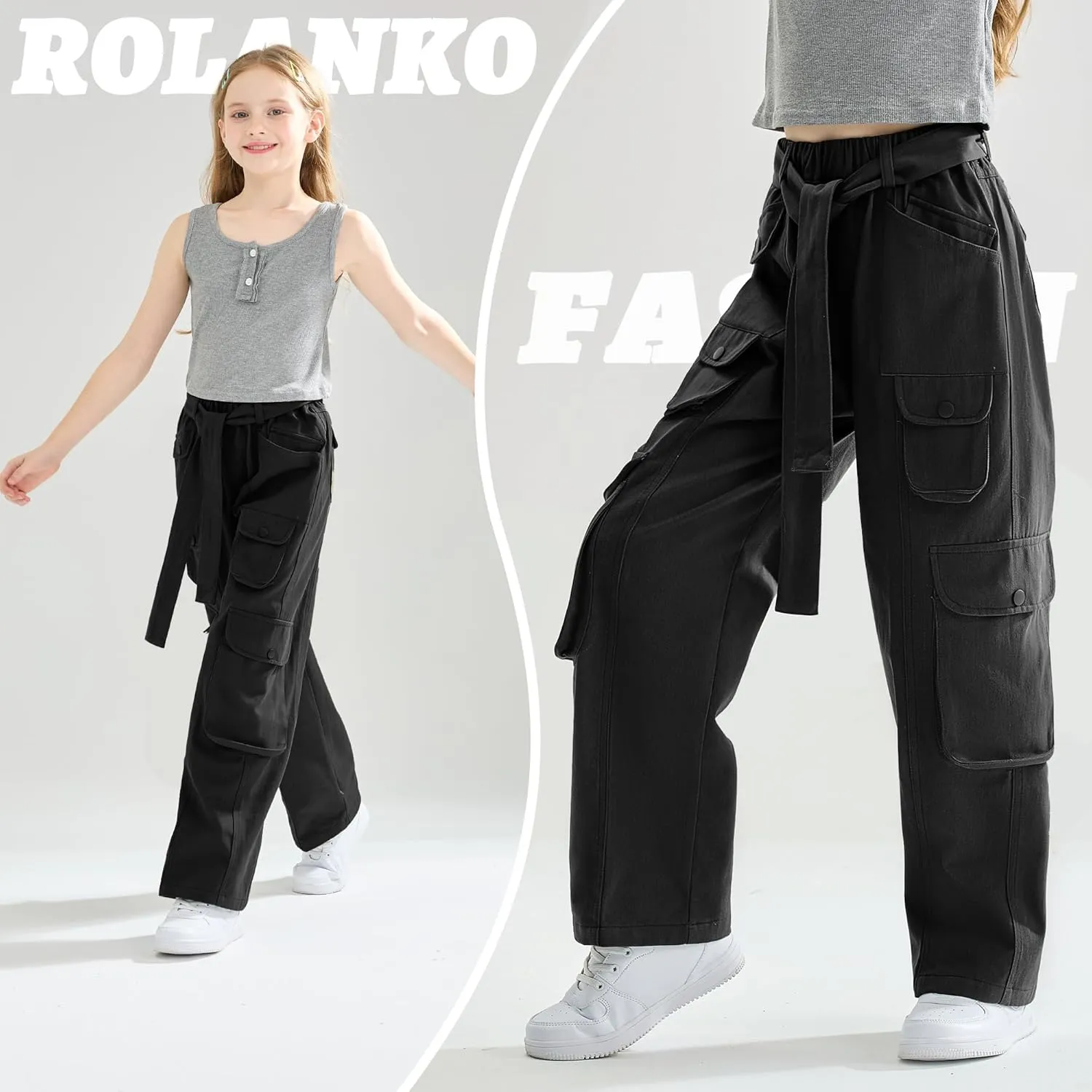 Rolanko Girls Cargo Pants Baggy Y2K Cargo Trousers Jeans Wide Leg Pants with Multi Pockets 4-15 Years