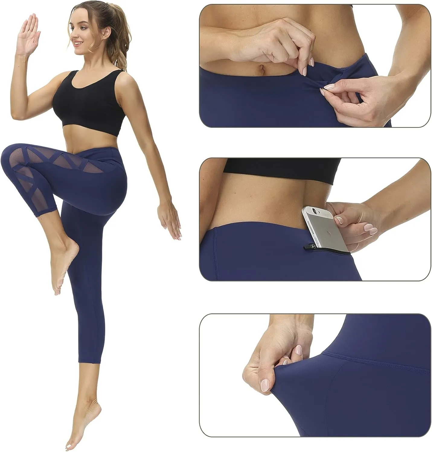 romansong Women's Mesh Leggings Yoga Pants with Pocket, Non See-Through Capri High Waisted Tummy Control 4 Way Stretch