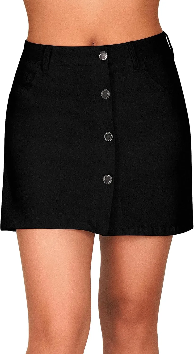 roswear Women's High Waisted Casual Summer Jean Mini Skorts with Pockets Stretch Denim Shorts Button Front Skirts