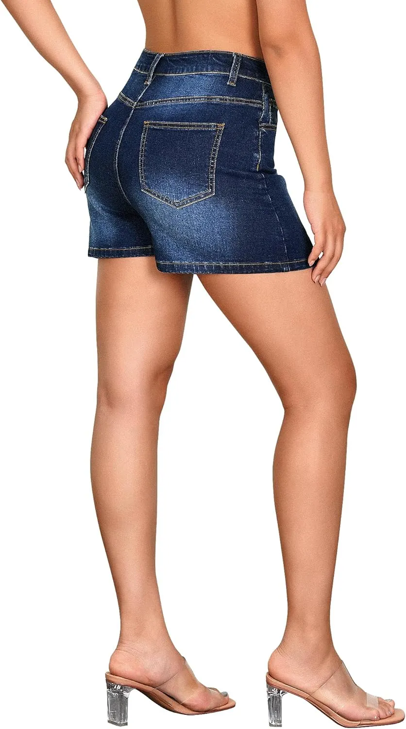 roswear Women's High Waisted Casual Summer Jean Mini Skorts with Pockets Stretch Denim Shorts Button Front Skirts