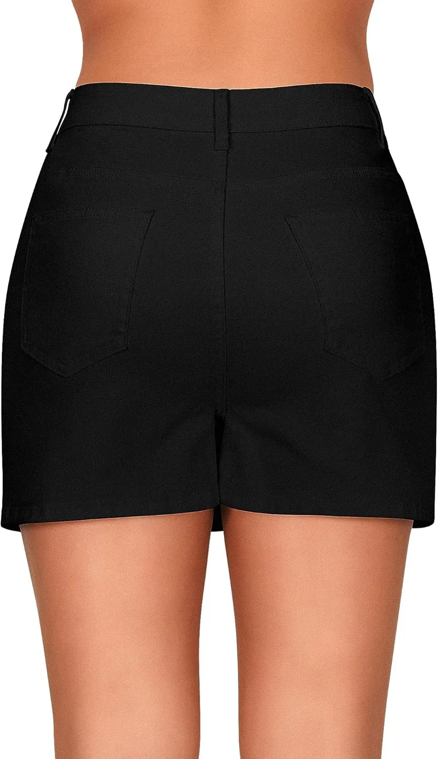 roswear Women's High Waisted Casual Summer Jean Mini Skorts with Pockets Stretch Denim Shorts Button Front Skirts