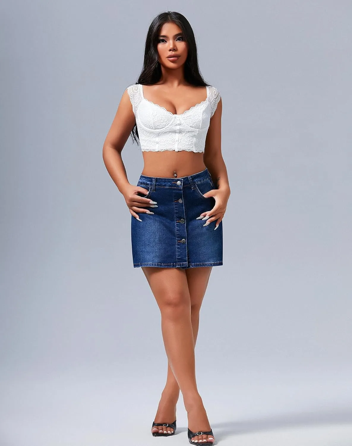 roswear Women's High Waisted Casual Summer Jean Mini Skorts with Pockets Stretch Denim Shorts Button Front Skirts
