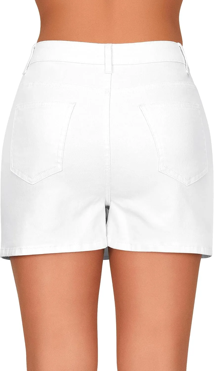 roswear Women's High Waisted Casual Summer Jean Mini Skorts with Pockets Stretch Denim Shorts Button Front Skirts