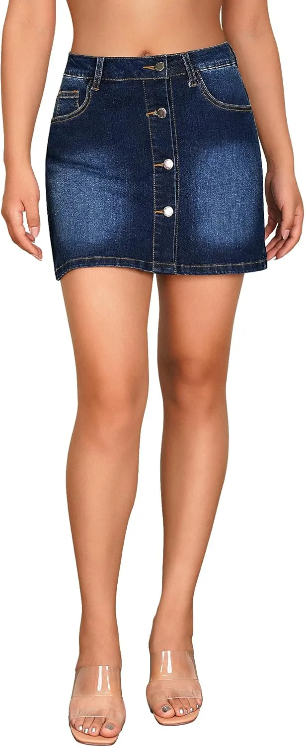 roswear Women's High Waisted Casual Summer Jean Mini Skorts with Pockets Stretch Denim Shorts Button Front Skirts
