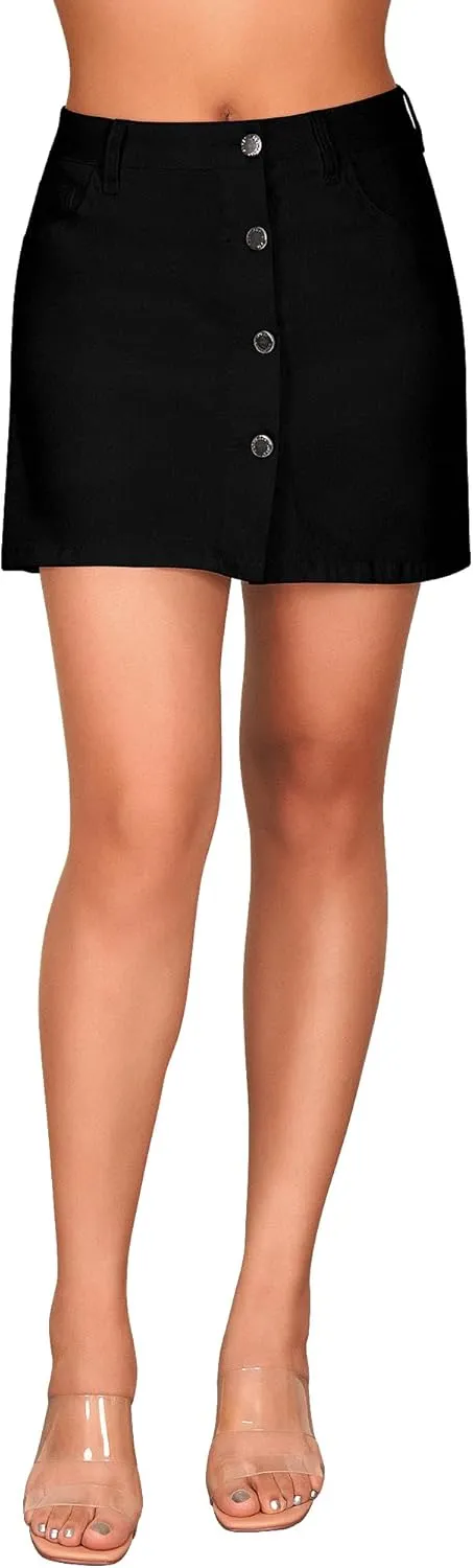 roswear Women's High Waisted Casual Summer Jean Mini Skorts with Pockets Stretch Denim Shorts Button Front Skirts