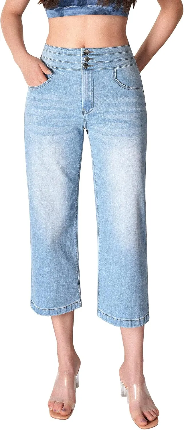 roswear Women's Wide Leg Stretchy High Waisted Capri Denim Pants