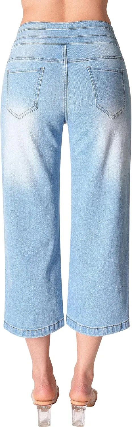 roswear Women's Wide Leg Stretchy High Waisted Capri Denim Pants