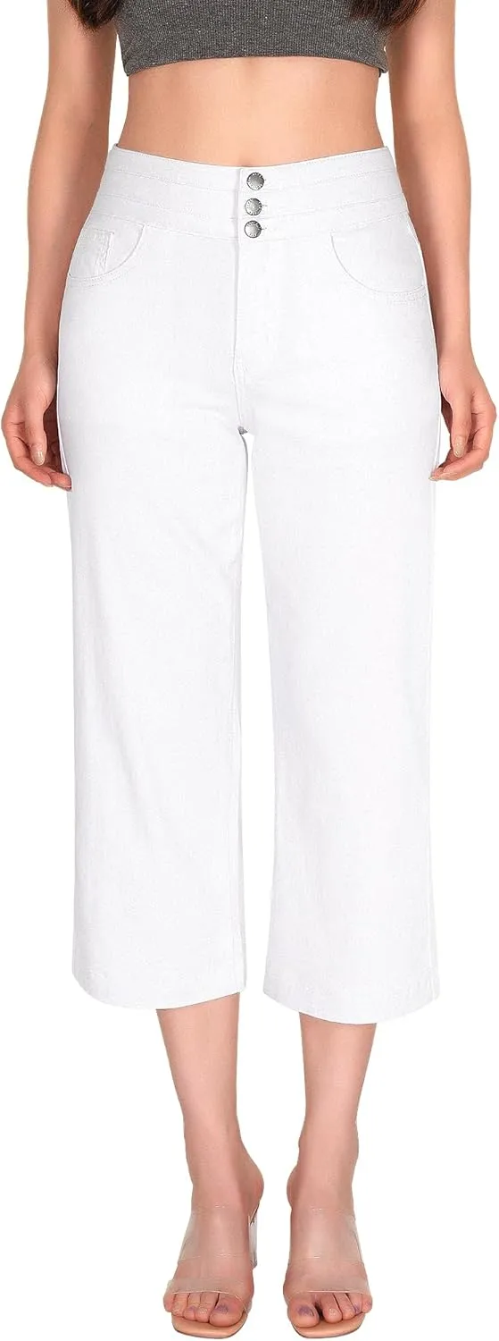 roswear Women's Wide Leg Stretchy High Waisted Capri Denim Pants