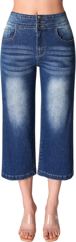 roswear Women's Wide Leg Stretchy High Waisted Capri Denim Pants