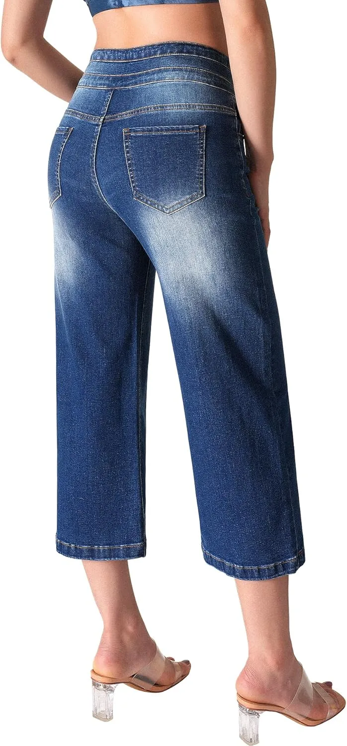 roswear Women's Wide Leg Stretchy High Waisted Capri Denim Pants