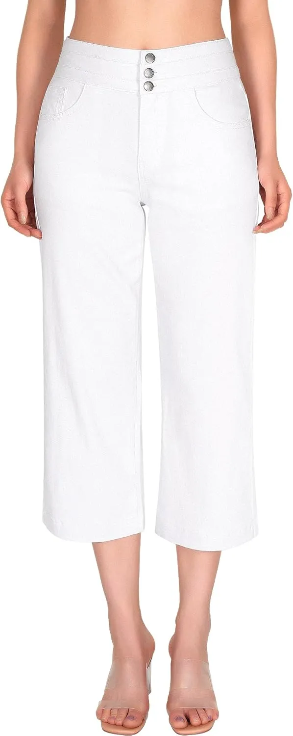 roswear Women's Wide Leg Stretchy High Waisted Capri Denim Pants