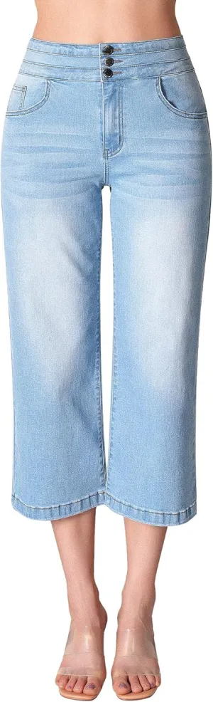 roswear Women's Wide Leg Stretchy High Waisted Capri Denim Pants