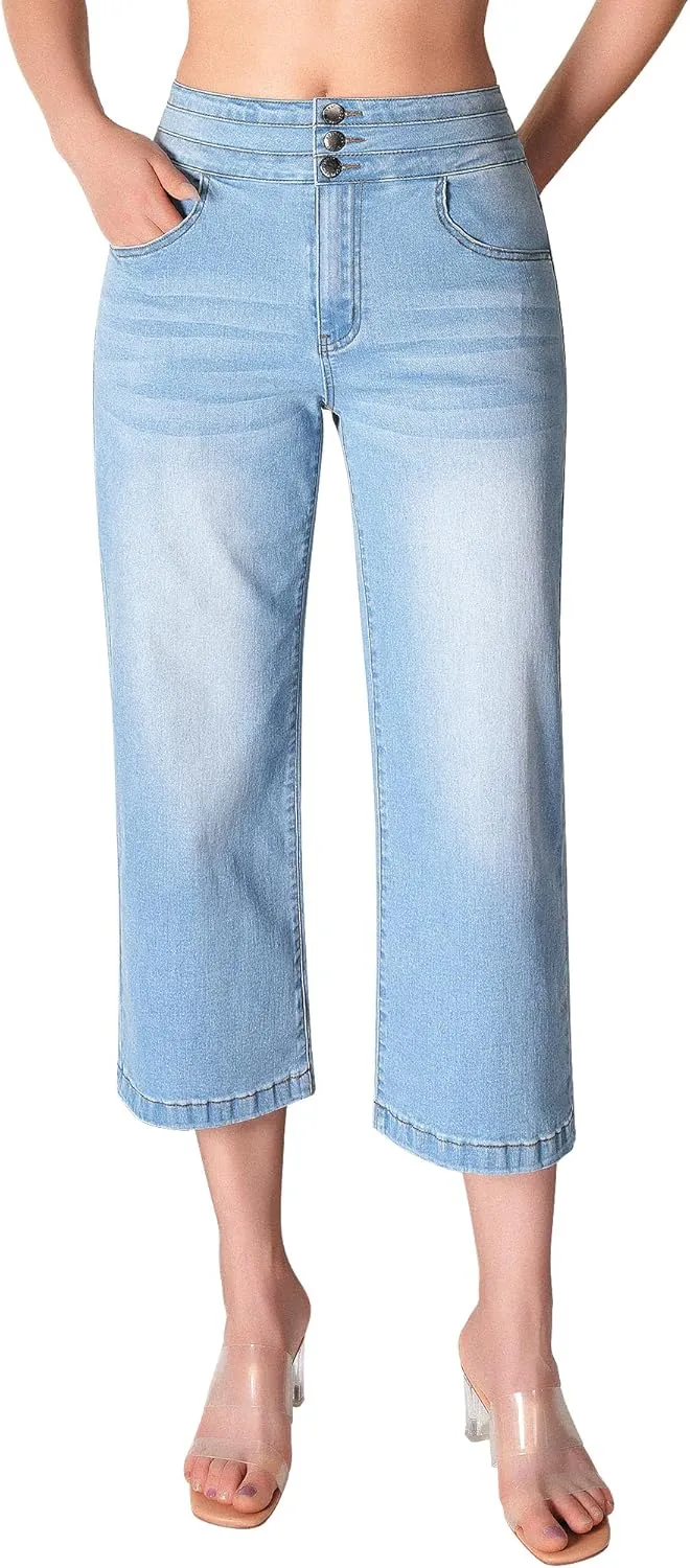 roswear Women's Wide Leg Stretchy High Waisted Capri Denim Pants