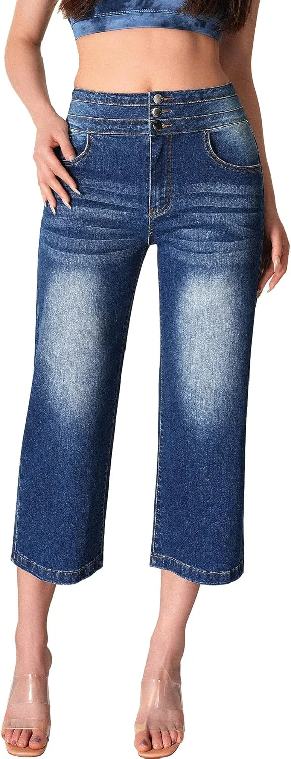 roswear Women's Wide Leg Stretchy High Waisted Capri Denim Pants