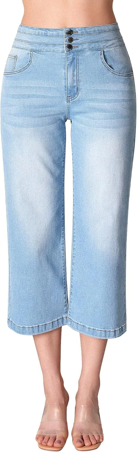 roswear Women's Wide Leg Stretchy High Waisted Capri Denim Pants