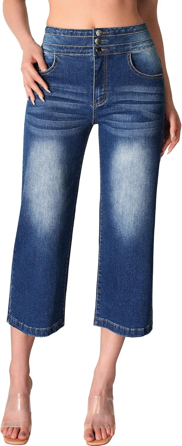 roswear Women's Wide Leg Stretchy High Waisted Capri Denim Pants