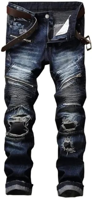 RXXKKK Men's Classic Zipper Biker Regular Fit Flex Jean