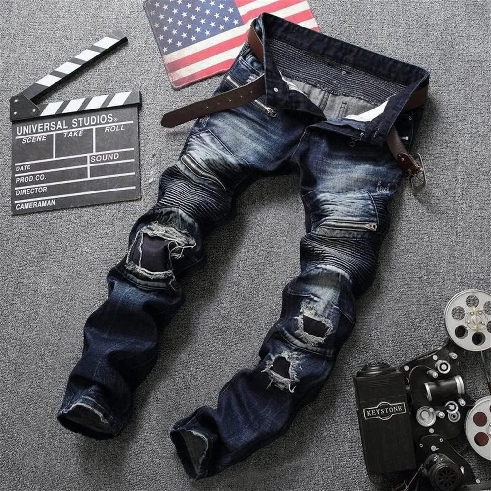 RXXKKK Men's Classic Zipper Biker Regular Fit Flex Jean