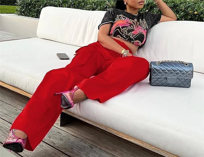 Satin Cargo Pants for Women High Waisted Multiple Pockets Wide Leg Trouser