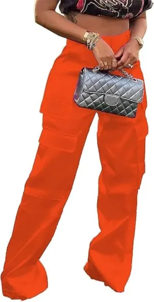 Satin Cargo Pants for Women High Waisted Multiple Pockets Wide Leg Trouser