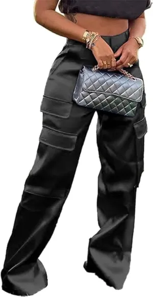 Satin Cargo Pants for Women High Waisted Multiple Pockets Wide Leg Trouser