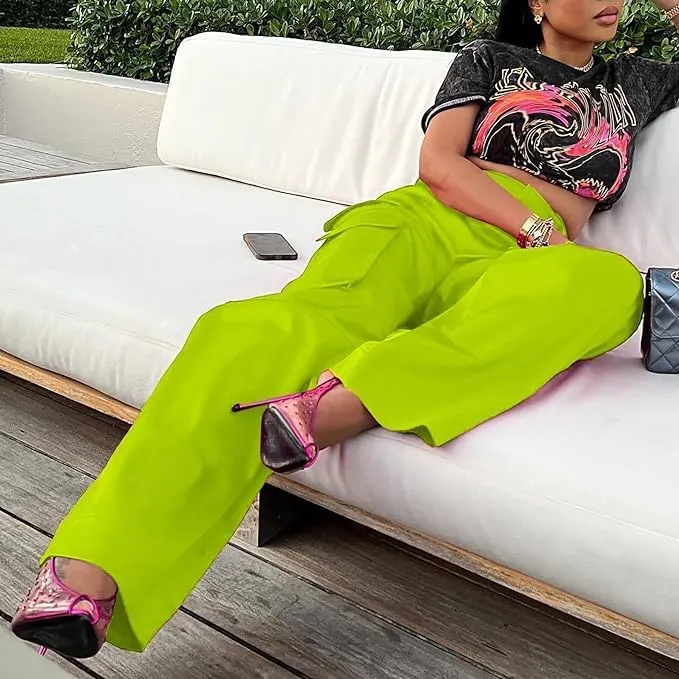 Satin Cargo Pants for Women High Waisted Multiple Pockets Wide Leg Trouser