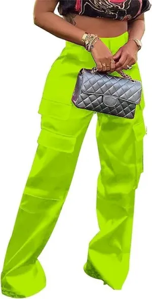Satin Cargo Pants for Women High Waisted Multiple Pockets Wide Leg Trouser