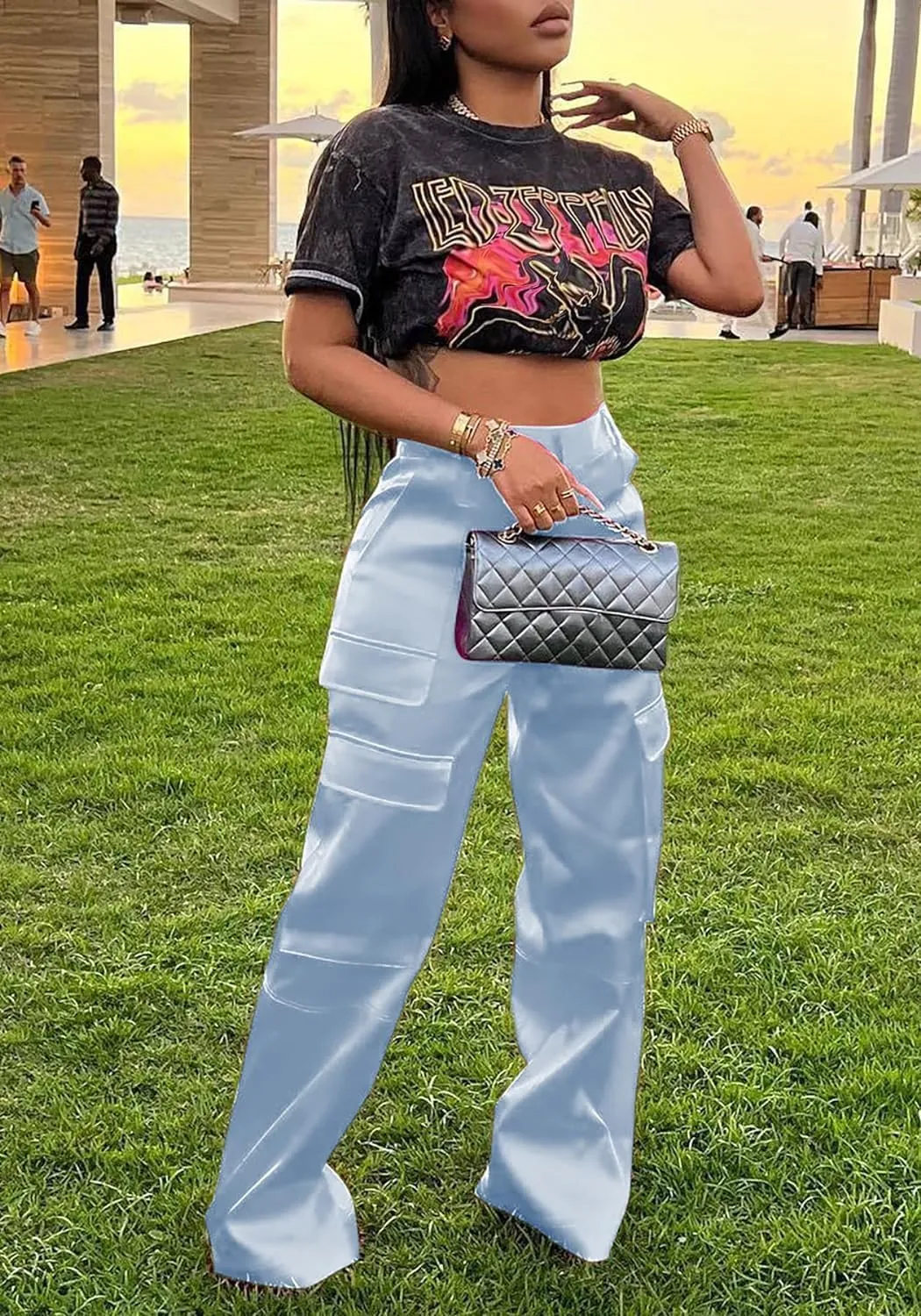 Satin Cargo Pants for Women High Waisted Multiple Pockets Wide Leg Trouser