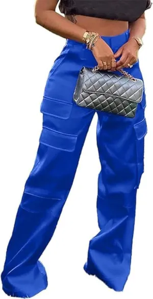 Satin Cargo Pants for Women High Waisted Multiple Pockets Wide Leg Trouser