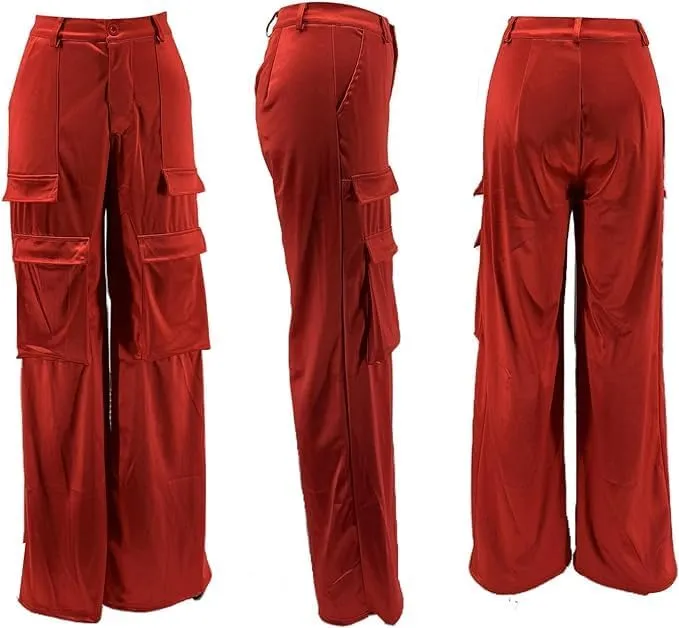 Satin Cargo Pants for Women High Waisted Multiple Pockets Wide Leg Trouser
