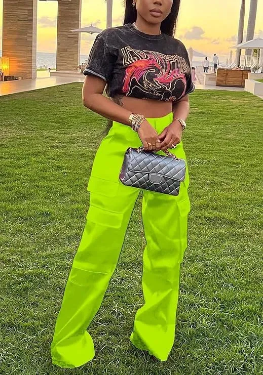 Satin Cargo Pants for Women High Waisted Multiple Pockets Wide Leg Trouser