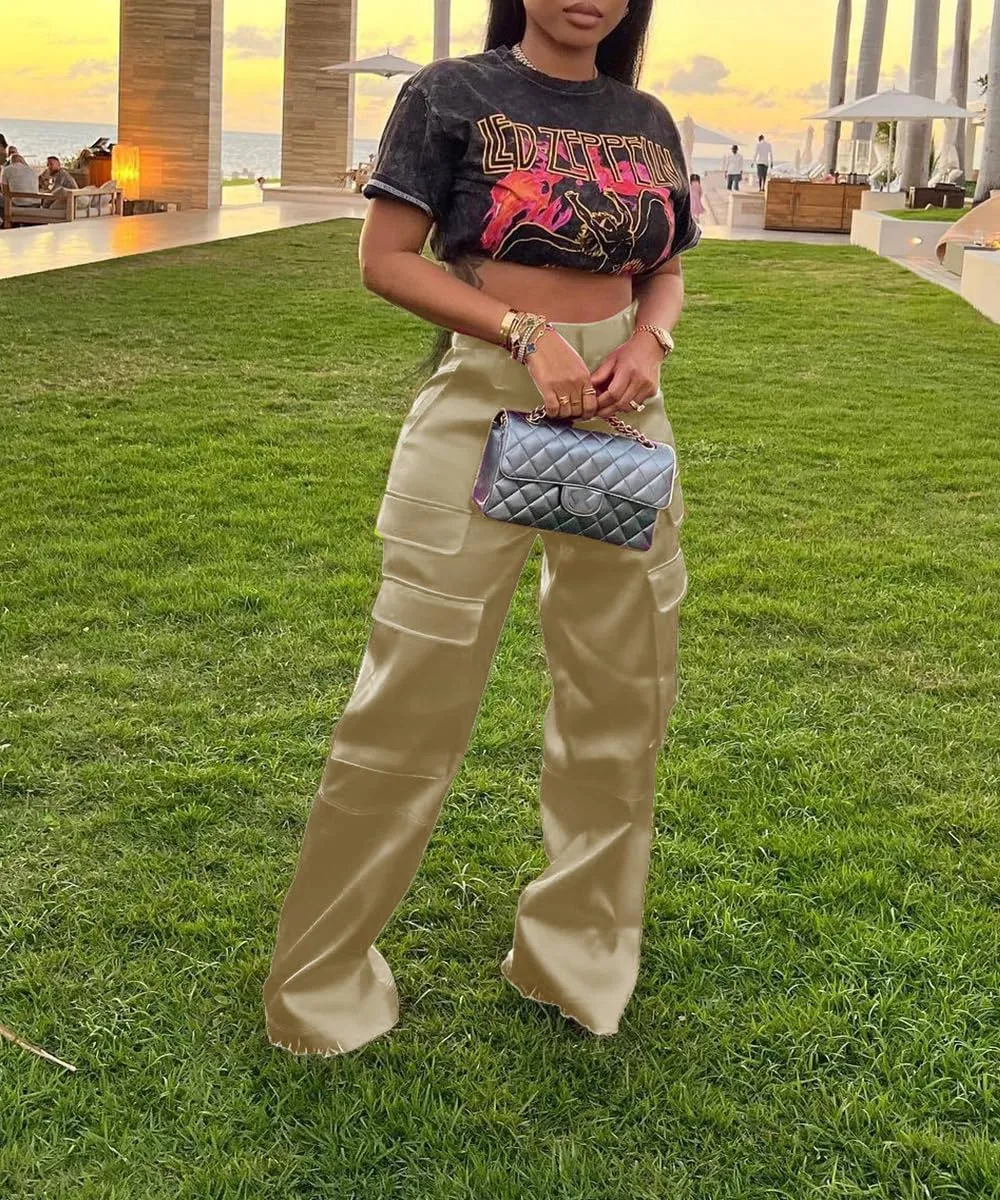 Satin Cargo Pants for Women High Waisted Wide Leg Trouser Multiple Pockets