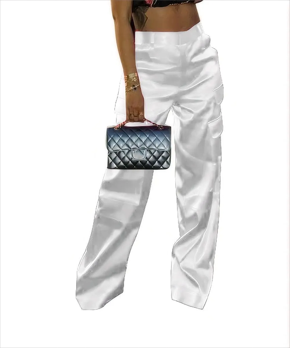Satin Cargo Pants for Women High Waisted Wide Leg Trouser Multiple Pockets