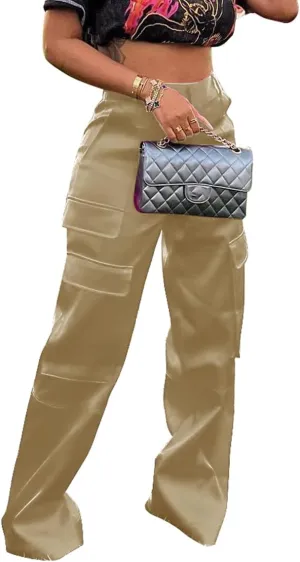 Satin Cargo Pants for Women High Waisted Wide Leg Trouser Multiple Pockets