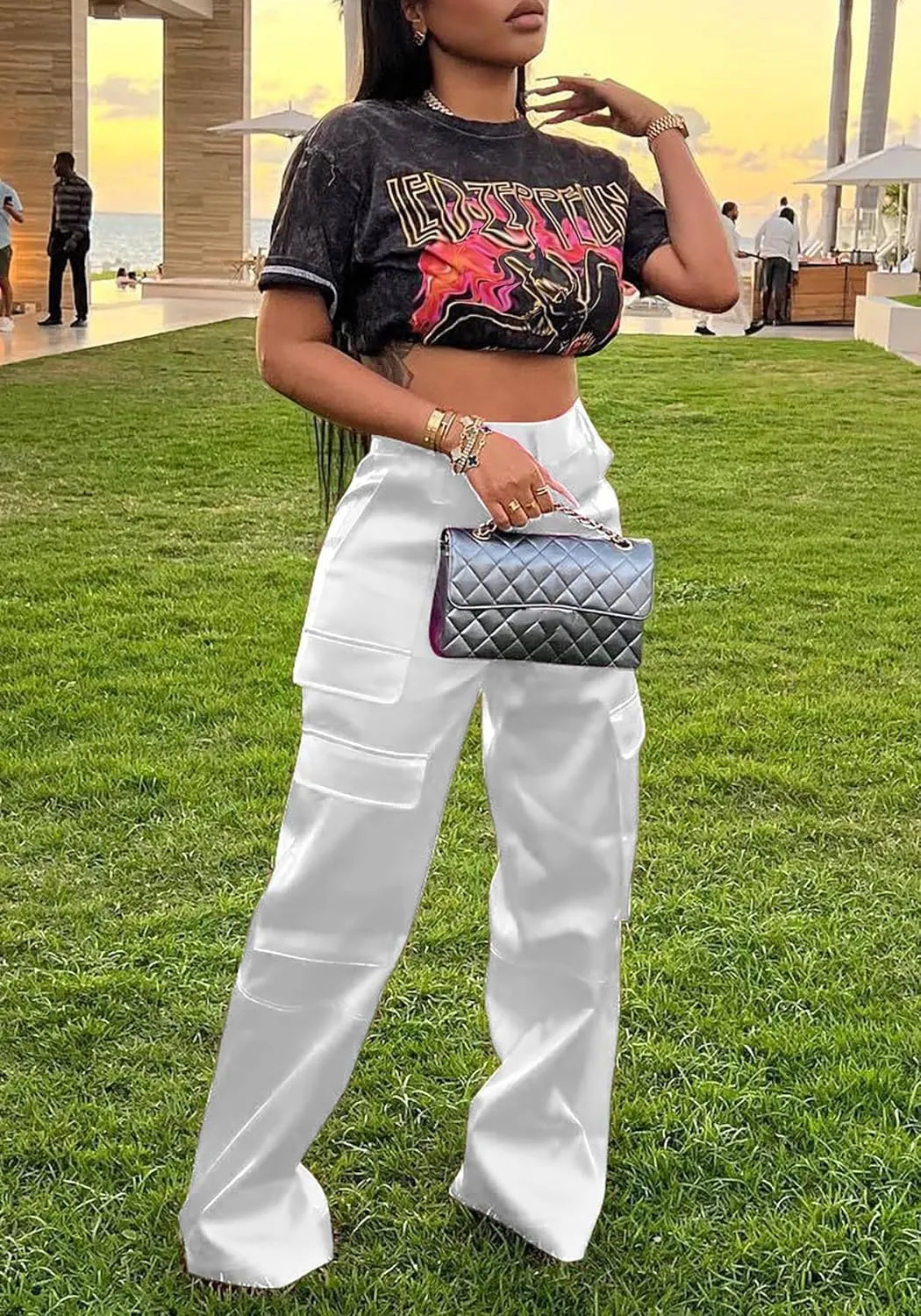 Satin Cargo Pants for Women High Waisted Wide Leg Trouser Multiple Pockets