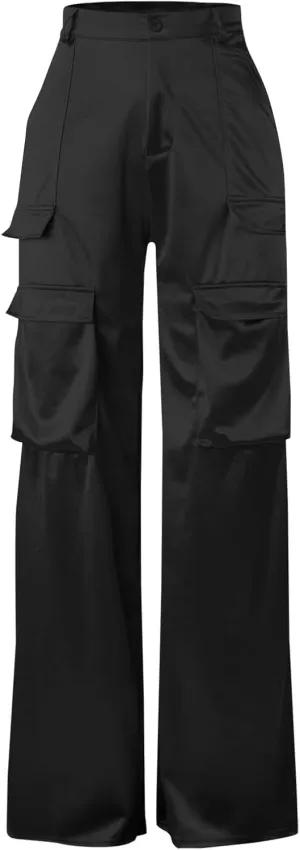 Satin Cargo Pants for Women High Waisted Wide Leg Trouser Multiple Pockets