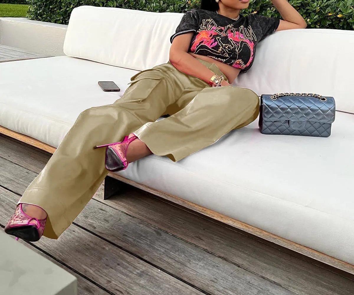 Satin Cargo Pants for Women High Waisted Wide Leg Trouser Multiple Pockets