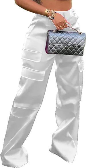 Satin Cargo Pants for Women High Waisted Wide Leg Trouser Multiple Pockets