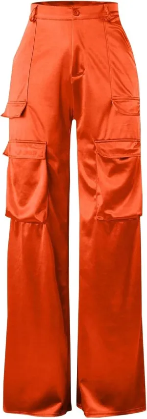 Satin Cargo Pants for Women High Waisted Wide Leg Trouser Multiple Pockets
