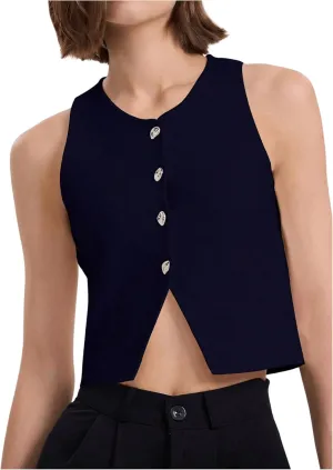 SHENHE Women's Knit Vest Top Button Up Sleeveless Crew Neck Cropped Sweater Vest Tank
