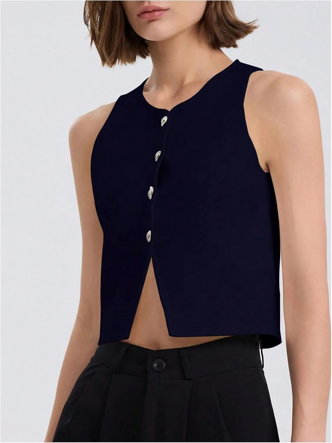 SHENHE Women's Knit Vest Top Button Up Sleeveless Crew Neck Cropped Sweater Vest Tank