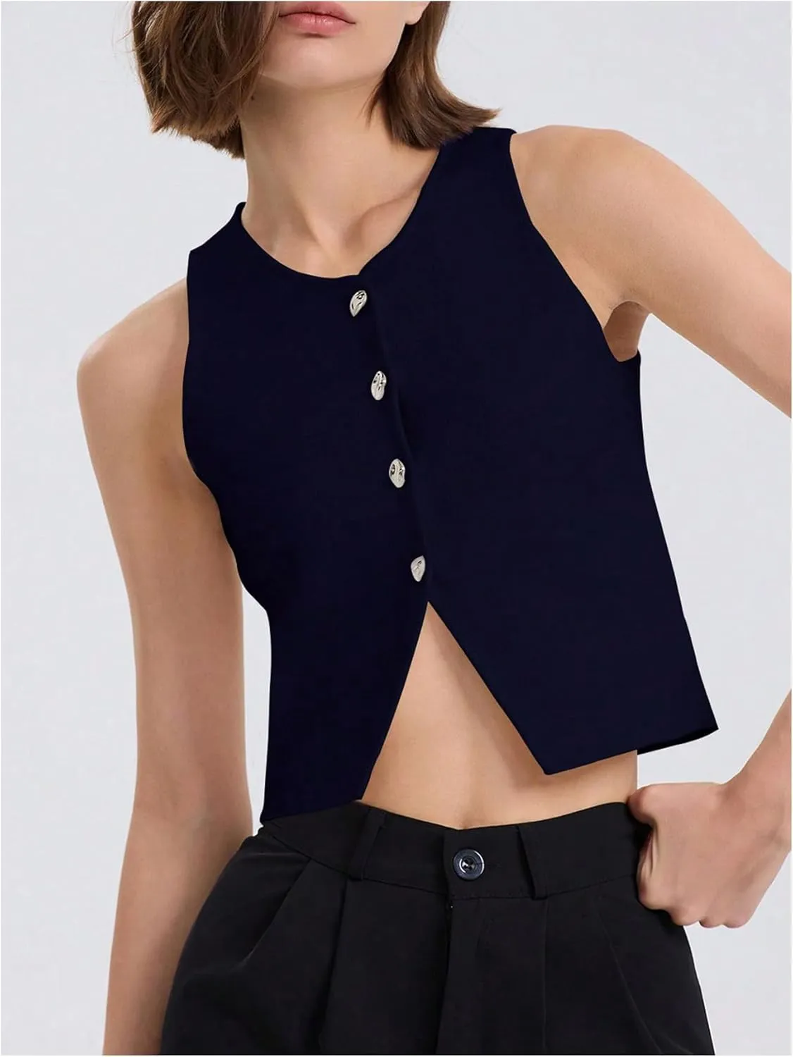 SHENHE Women's Knit Vest Top Button Up Sleeveless Crew Neck Cropped Sweater Vest Tank