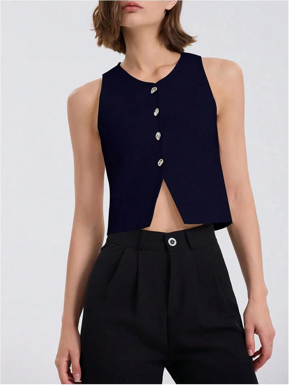 SHENHE Women's Knit Vest Top Button Up Sleeveless Crew Neck Cropped Sweater Vest Tank
