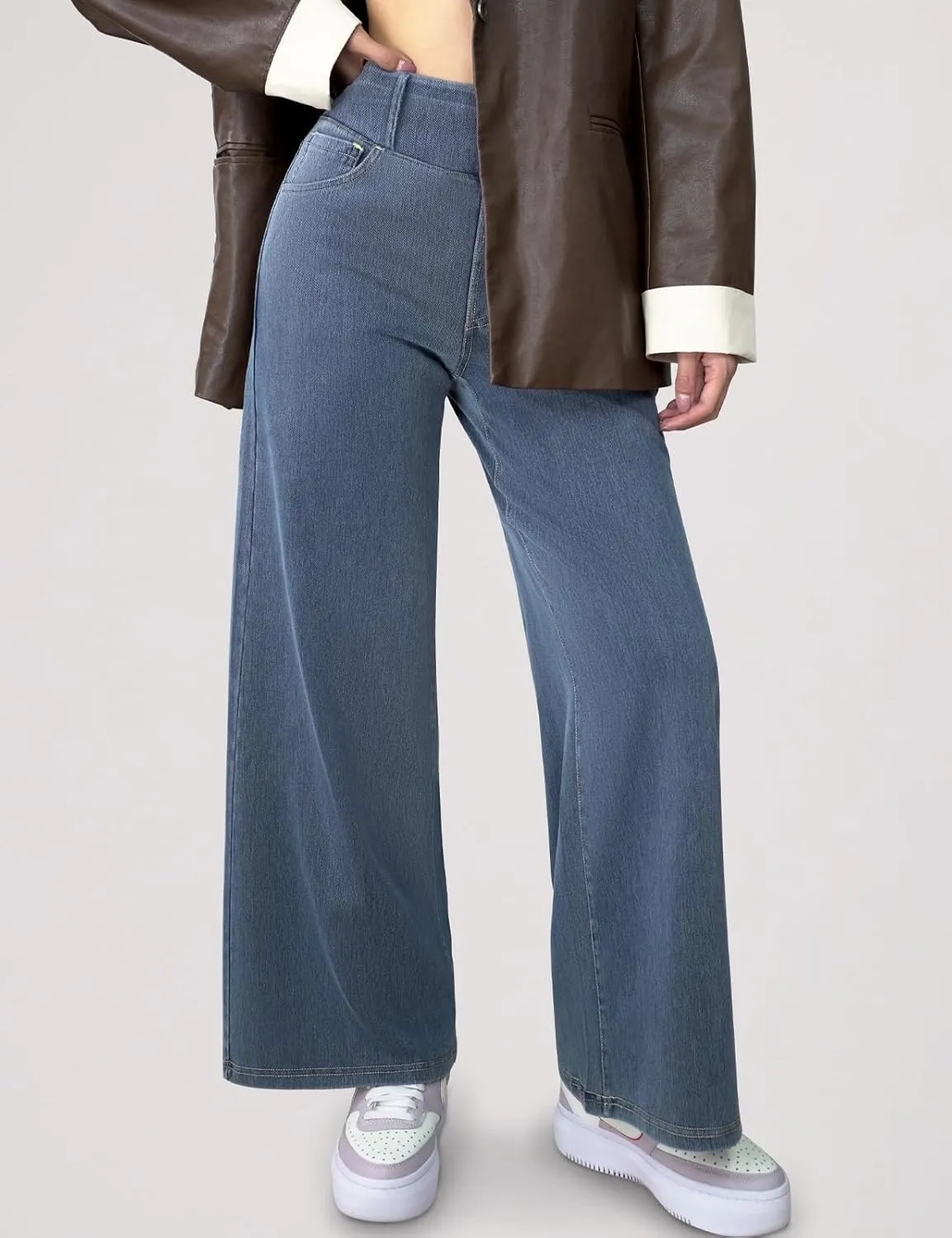 Simple Flavor Women's Wide Leg Jeans High Waisted Stretch Pull-on Baggy Denim Pants with Pockets