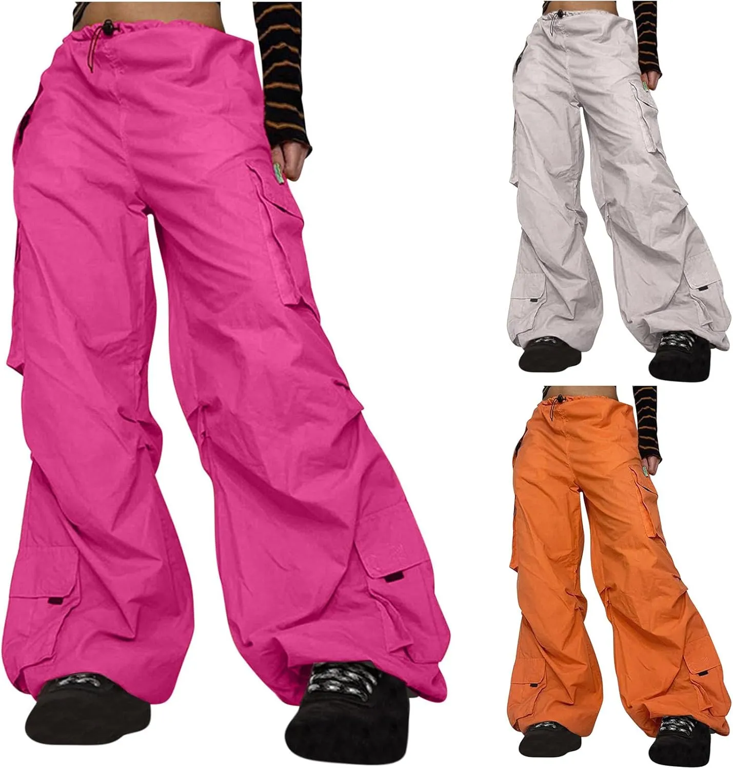 SMIDOW Womens Baggy Cargo Pants Streetwear y2k Clothes Relax Fit Drawstring Elastic Waist Parachute Pant Trousers