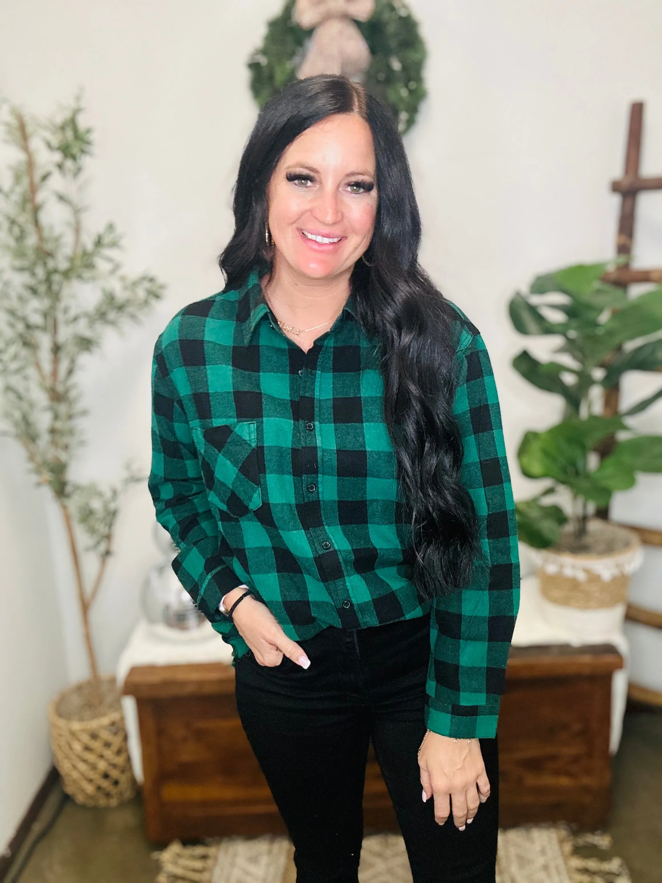 Starla Oversized Green Buffalo Plaid Shirt