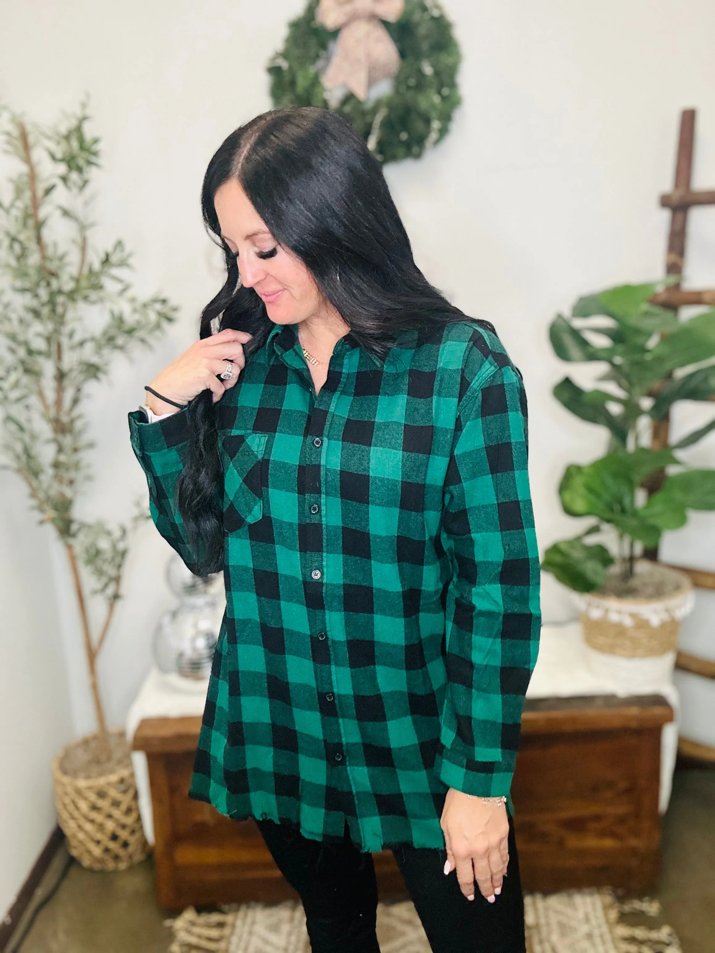 Starla Oversized Green Buffalo Plaid Shirt